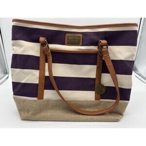 Younique Purple & Cream Canvas Stripe Tote Bag Purse Burlap Boho Large Shoulder